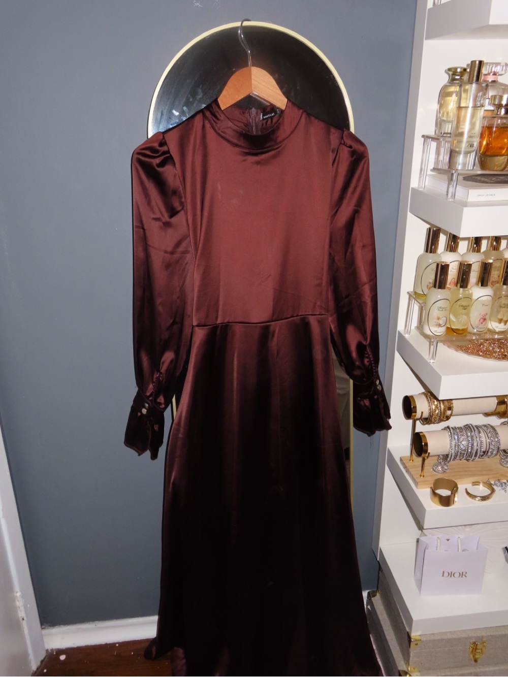 Women's Satin Long Sleeve Midi Dress in Deep Brown | XS/S